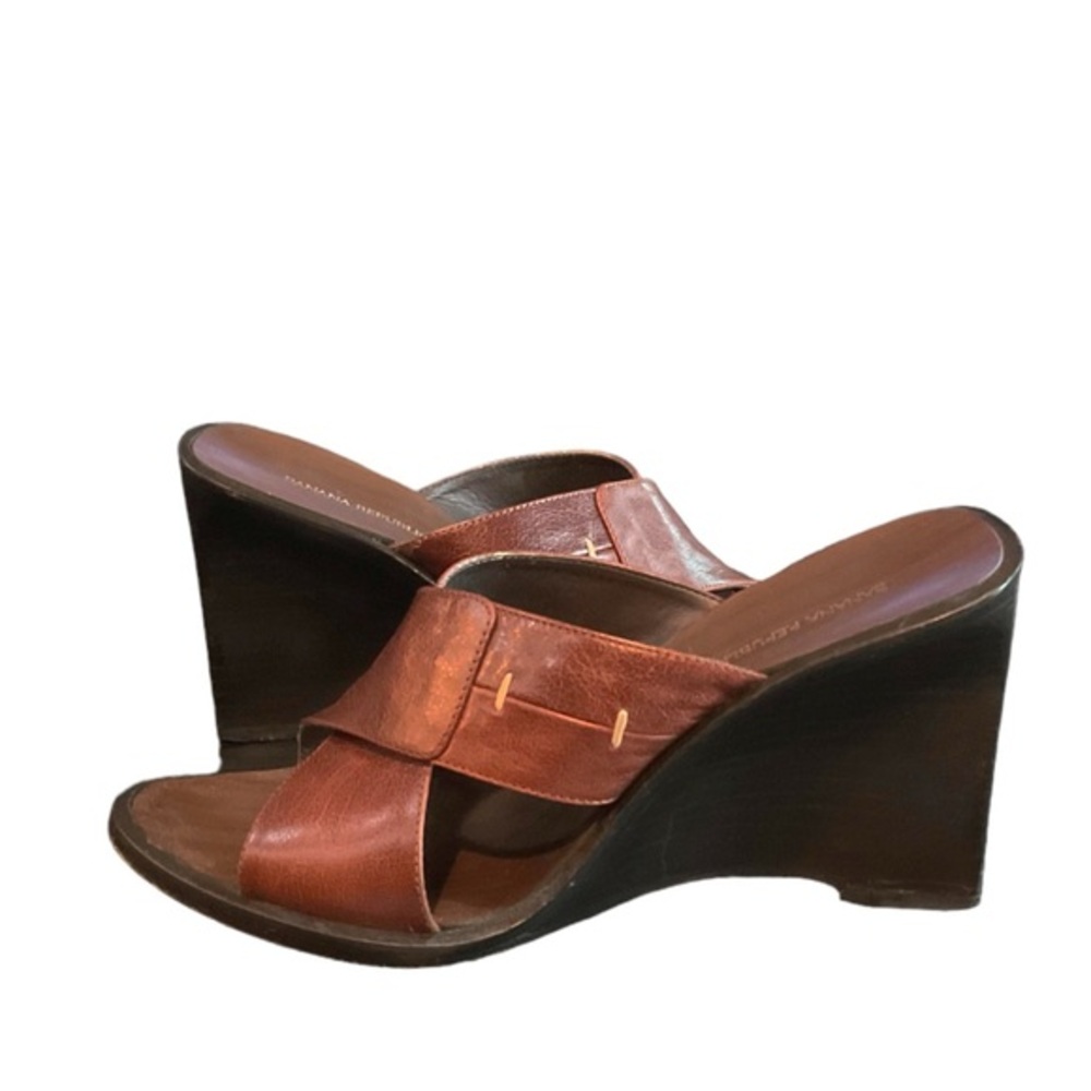 Banana Republic Leather Criss Cross Wood Wedges Sandals Sz 7.5 Made in Italy